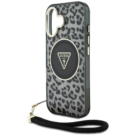Oryginalne Etui IPHONE 16 Guess HC IML Leopard Triangle Cord Strap czarne