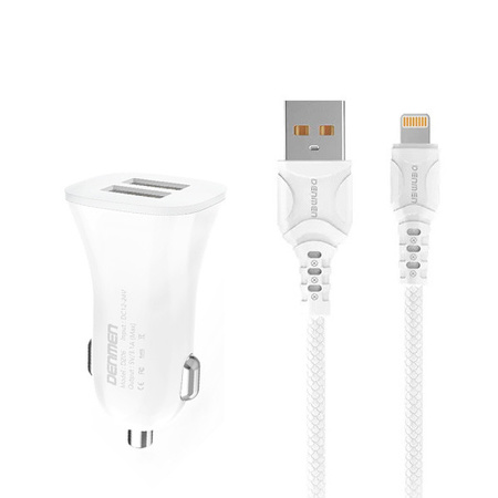 ŁADOWARKA SAMOCHODOWA 3A  + KABEL IPHONE BIAŁA DENMEN 3100mA DUAL FAST CHARGING 2XUSB DZ06L 15W