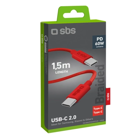 SBS TECABLETISSUETCCR USB-C – USB-C-Kabel 1,5 m 60 W geflochten – rot
