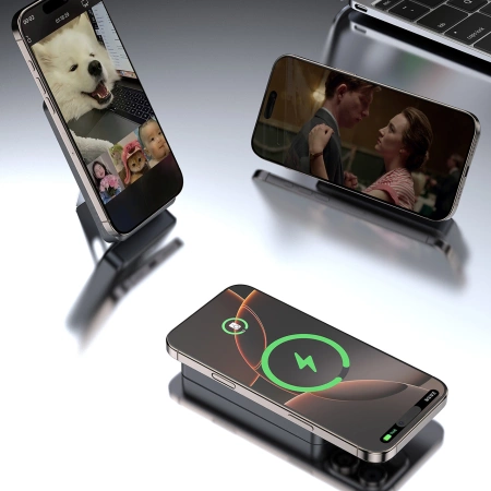 Dudao K29 10000 mAh PD 20 W MagSafe Powerbank mit Metallgehäuse, Ständer und integrierten USB-C/ Lightning Kabeln - Silber