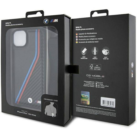 BMW M Edition Carbon Tricolor Lines &amp; Strap case for iPhone 15 Plus / 14 Plus - black
