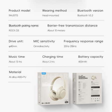 Rock Słuchawki nauszne O3 ANC bluetooth beżowe
