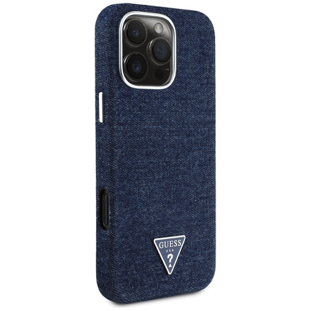 Oryginalne Etui IPHONE 16 PRO MAX Guess Denim Triangle Logo MagSafe niebieskie