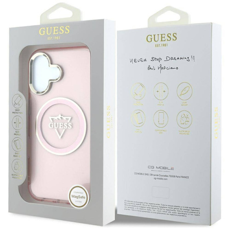 Original Case IPHONE 16 Guess IML Metal Mountain Logo MagSafe pink