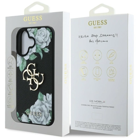 Etui Guess Grained Roses Big 4G logo na iPhone 16 - czarne