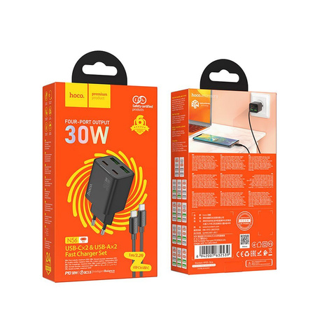 Ładowarka sieciowa do telefonu Hoco USB A + USB C QC3.0 PD 3A 20W + kabel USB C do Lightning N52 czarna