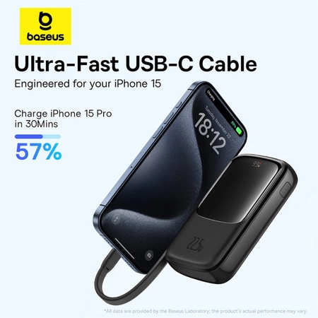 Baseus Qpow Pro+ 10000 mAh 22,5 W Powerbank mit integriertem USB-C-Kabel und Display – Schwarz