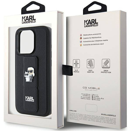 Karl Lagerfeld Gripstand Saffiano Karl&amp;Choupette Pins Hülle für iPhone 15 Pro – Schwarz