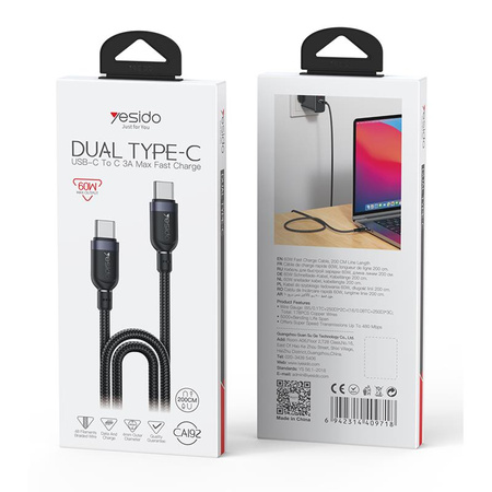 Yesido Kabel CA192 60W Type-C/Type-C 2m 3A, BLACK / CZARNY
