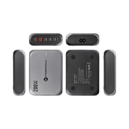 FORCELL F-ENERGY GaN III VT-51 ładowarka biurkowa 3 x Typ C + 2 x USB A PD QC4.0 SFC2.0 5A 200W szara