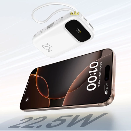 Baseus EnerFill FC31 20000 mAh 22,5 W Powerbank mit Digitalanzeige und 2 integrierten Kabeln (USB-C + Lightning) - Weiß