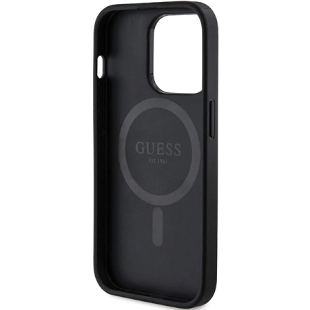 Guess 4G Collection MagSafe-Hülle aus Leder und Metalllogo für iPhone 14 Pro Max – Schwarz