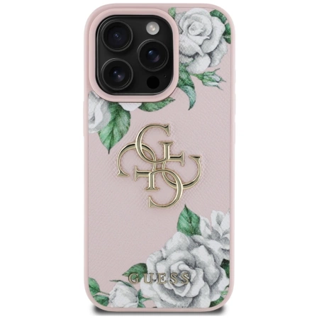 Guess Grained Roses Big 4G Logo iPhone 16 Pro Max Hülle - Rosa