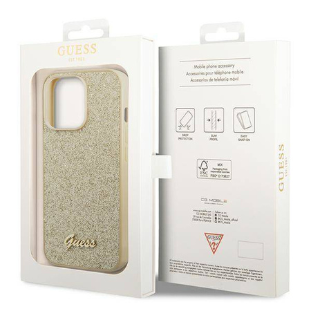 Guess Glitter Flakes Metal Logo Case – Etui iPhone 14 Pro (złoty)