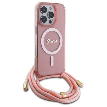 Original Case IPHONE 16 PRO MAX Guess Hardcase Crossbody Cord Script MagSafe (GUHMP16XHCTSGNSP) pink