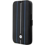 Original Handyhülle IPHONE 14 PRO BMW Bookcase Leather Stamp Blue Lines (BMBKP14L22RVSK) schwarz