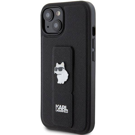 Karl Lagerfeld Gripstand Saffiano Choupette Pins Hülle für iPhone 15 Plus / 14 Plus – Schwarz