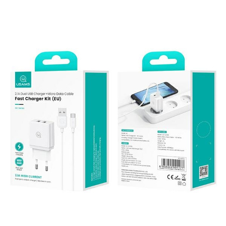 USAMS Ład. siec. 2xUSB-A + kabel Micro/USB-A Fast Charging biały/white series HC HCXLTZ02