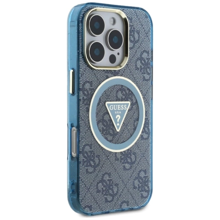 Guess IML Metal Glitter 4G Circle Triangle MagSafe Case for iPhone 16 Pro - Blue