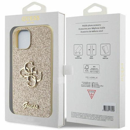 Guess Glitter Script Big 4G case for iPhone 15 - gold