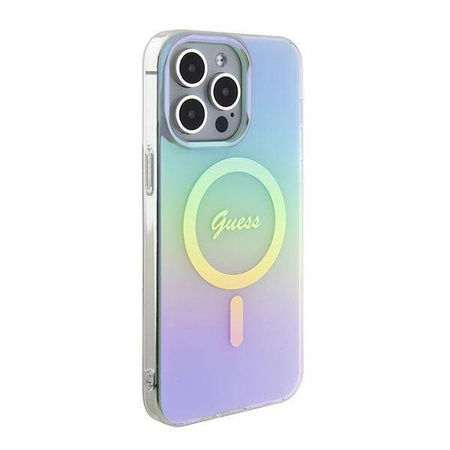 Oryginalne Etui APPLE IPHONE 15 PRO MAX Guess Hardcase IML Iridescent MagSafe (GUHMP15XHITSQ) turkusowe