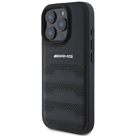 Original Handyhülle IPHONE 16 PRO MAX Mercedes AMG Hardcase Leather Debossed Lines Black Logo (AMHCP16XGSEBK) schwarz