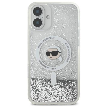 Original Handyhülle IPHONE 16 Karl Lagerfeld Hardcase Liquid Glitter Karl Head MagSafe (KLHMP16SLGKISGH) transparent
