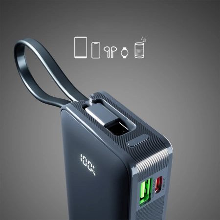 Powerbank SBS 10000 mAh 20W with built-in USB-C cable and digital display - dark gray