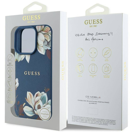 Case IPHONE 16 PRO MAX Guess Grained Printed Flower Pattern MagSafe blue