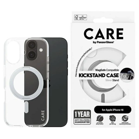 Etui CARE by PanzerGlass Feature Kickstand Case z MagSafe na iPhone 16 - srebrne