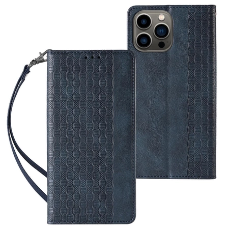 Magnet Strap Case Case for iPhone 14 Plus Flip Wallet Mini Lanyard Stand Blue