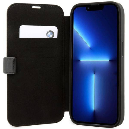 Original Case IPHONE 14 PRO BMW Bookcase Leather Stamp Blue Lines (BMBKP14L22RVSK) black
