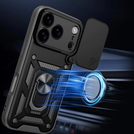 Etui Hybrid Armor Camshield na iPhone 17 Pro pancerne z podstawką i osłoną aparatu - czarne