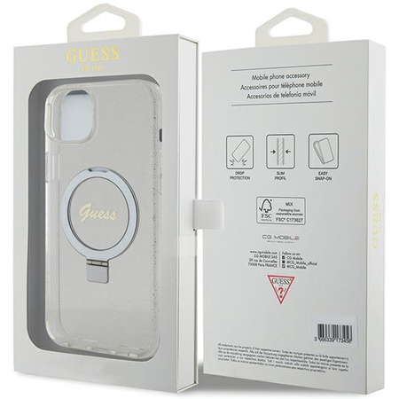 Guess nakładka do iPhone 15 Plus 6.7" GUHMP15MHRSGSD transparentna hardcase Ring Stand Script Glitter MagSafe