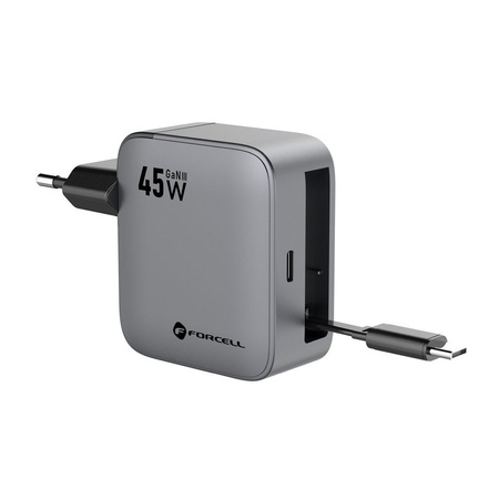 Ładowarka sieciowa do telefonu Forcell F-Energy GaN USB C + zwijany kabel USB C PD QC4.0 3A 45W VT-R5 szara