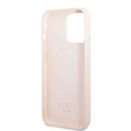 Original Handyhülle IPHONE 13 PRO Guess Hard Case Silicone Logo Plate MagSafe (GUHMP13LSPLP) rosa