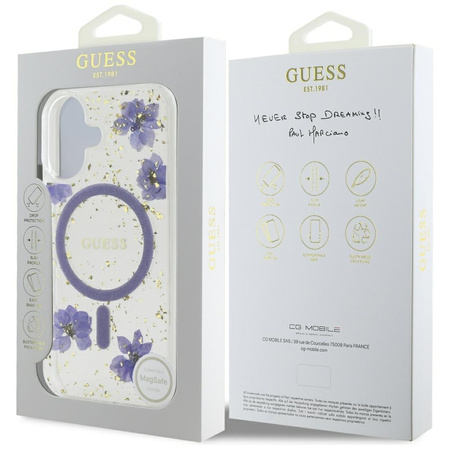 Oryginalne Etui IPHONE 16 Guess Hardcase Resin Flowers Glitter MagSafe fioletowe
