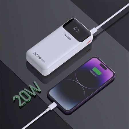 Dudao K15Pro Powerbank 20000 mAh 22,5 W PD USB-C / USB-A / integrierte Lightning und USB-C-Kabel – Weiß