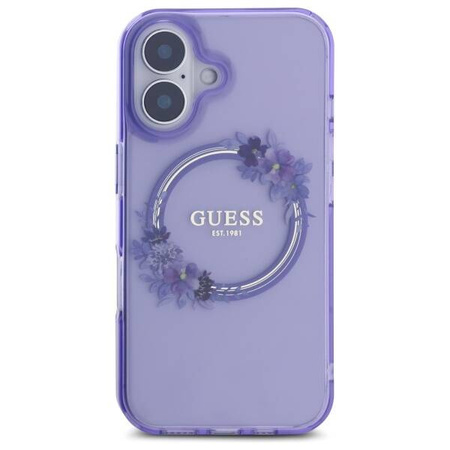Original Handyhülle IPHONE 16 Guess Hardcase IML Flowers Wreath MagSafe (GUHMP16SHFWFCU) violett