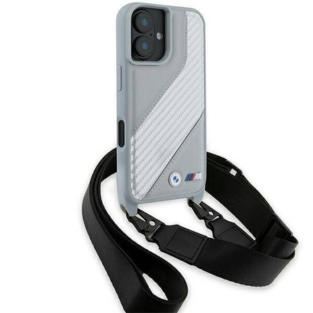 Original Handyhülle IPHONE 16 BMW Hardcase M Edition Carbon Stripe & Strap (BMHCP16S23PSCCG) grau