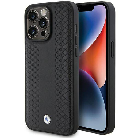 BMW Lederhülle mit Rautenmuster für iPhone 15 Pro – Schwarz