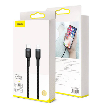 Baseus Cafule Cable wytrzymały nylonowy kabel przewód USB Typ C PD / Lightning 18W QC3.0 1m czarny-szary (CATLKLF-G1)