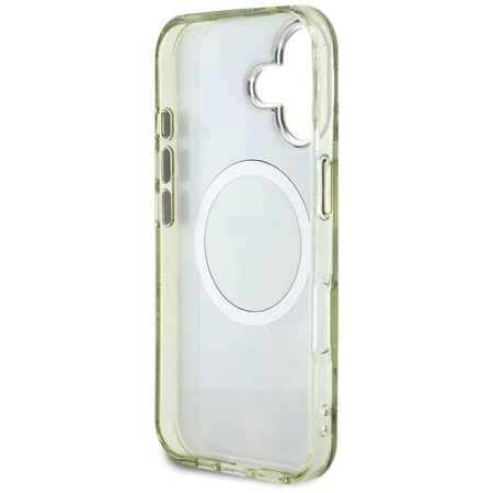Case IPHONE 16 Guess Glitter Flowers Triangle Buttons MagSafe green