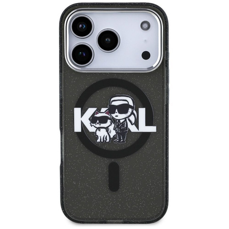 Karl Lagerfeld nakładka Magsafe IML glitter case metal camera frame and buttons Karl and Choupette sketch logo do iPhone 17 Pro transparentna
