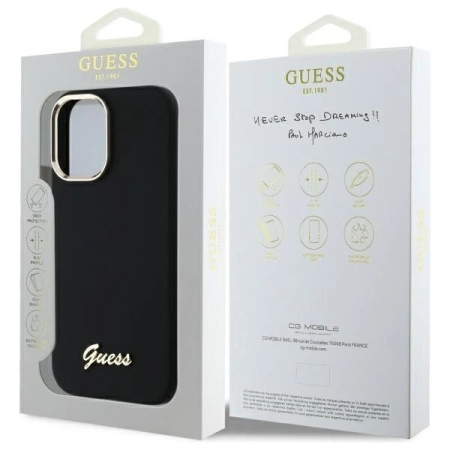 Guess Silicone Script Metal Logo &amp; Frame Case for iPhone 16 Plus - Black