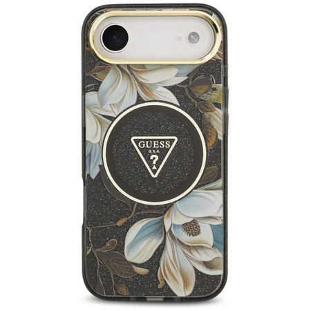Guess Nakładka Magsafe IML Case Glitter Flowers And Triangle With Metal Camera Frame And Buttons Do iPhone 17 Air Czarna