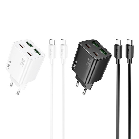 Ładowarka sieciowa do telefonu Hoco 2 x USB C + 2 x USB A QC3.0 PD 3A 20W + kabel USB C do USB C N55 biała