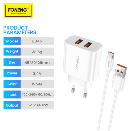 Foneng Ładowarka sieciowa EU45 - 2xUSB - 12W 2,4A z kablem USB na Typ C biała