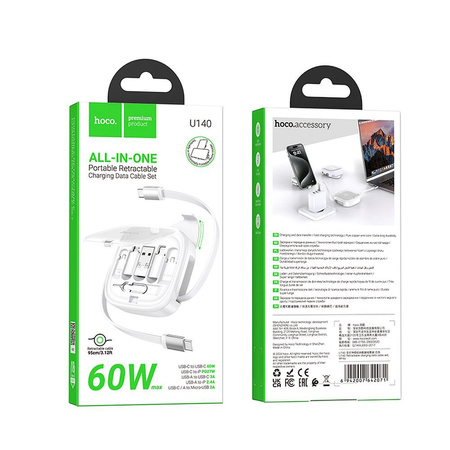 HOCO kabel All-in-one zwijany w zestawie z wymiennymi końcówkami PD 3A 60W U140 0,95 m biały