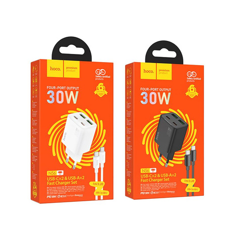 Ładowarka sieciowa do telefonu Hoco 2 x USB C + 2 x USB A QC3.0 PD 3A 30W + kabel USB C do USB C N56 czarna